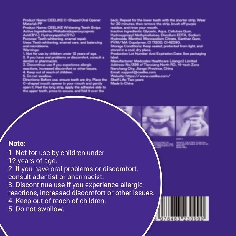 【CEELIKE】 Purple Teeth Whitening Strips  With Free Cheek Retractor - 7/21 Whitening Sessions -Nano-Hydroxyapatite Safe for Enamel - Non Sensitive Teeth Whitening - Peroxide-Free