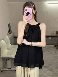 Summer Simple Solid Color Short Sleeve Women's Vest, Loose-Fitting Casual Style, All-Season Wear, Comfortable and Stylish Design