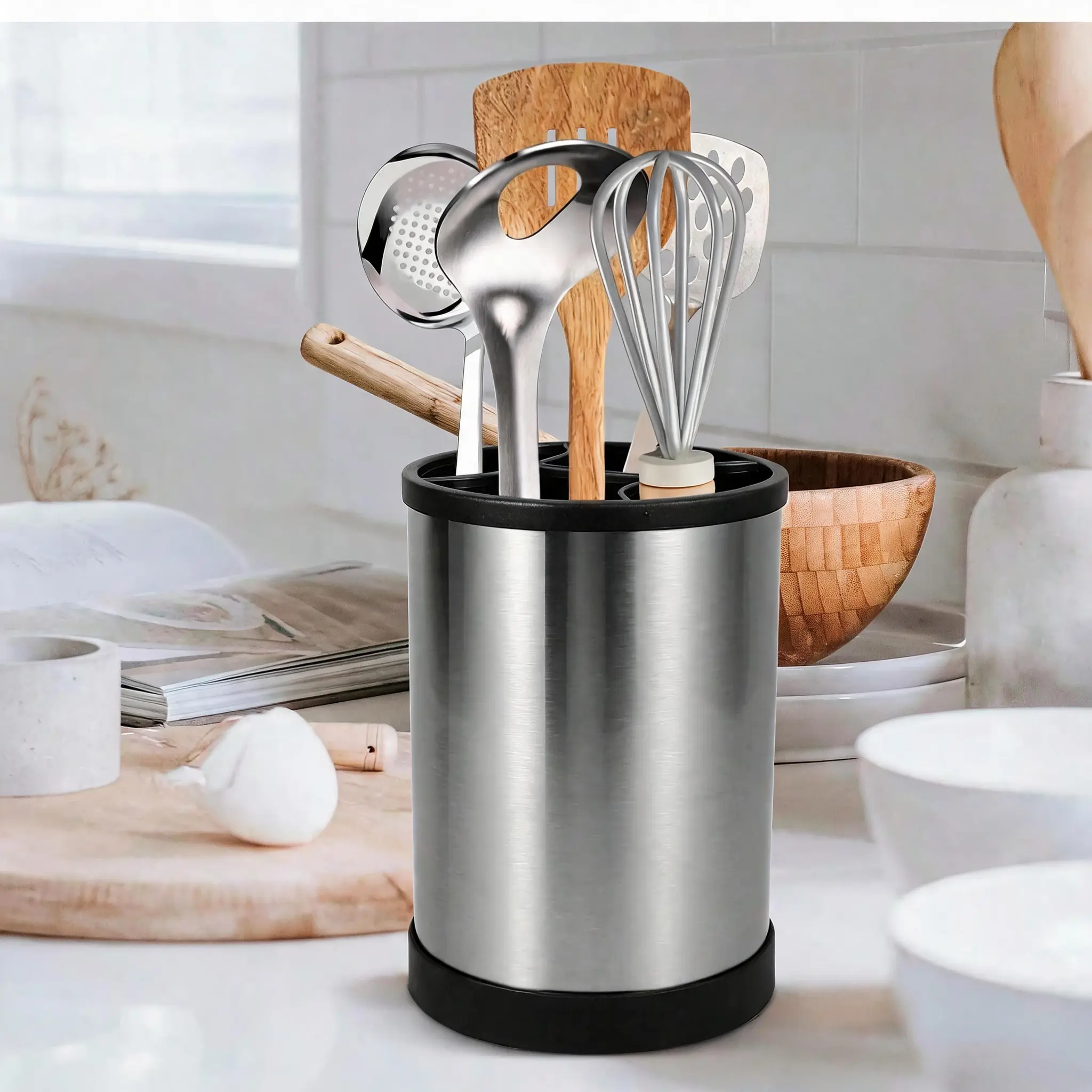 Rotating Wear Resistant Stainless Steel Cutlery Storage Stand, Easy Clean Kitchen Spoon Chopstick Holder