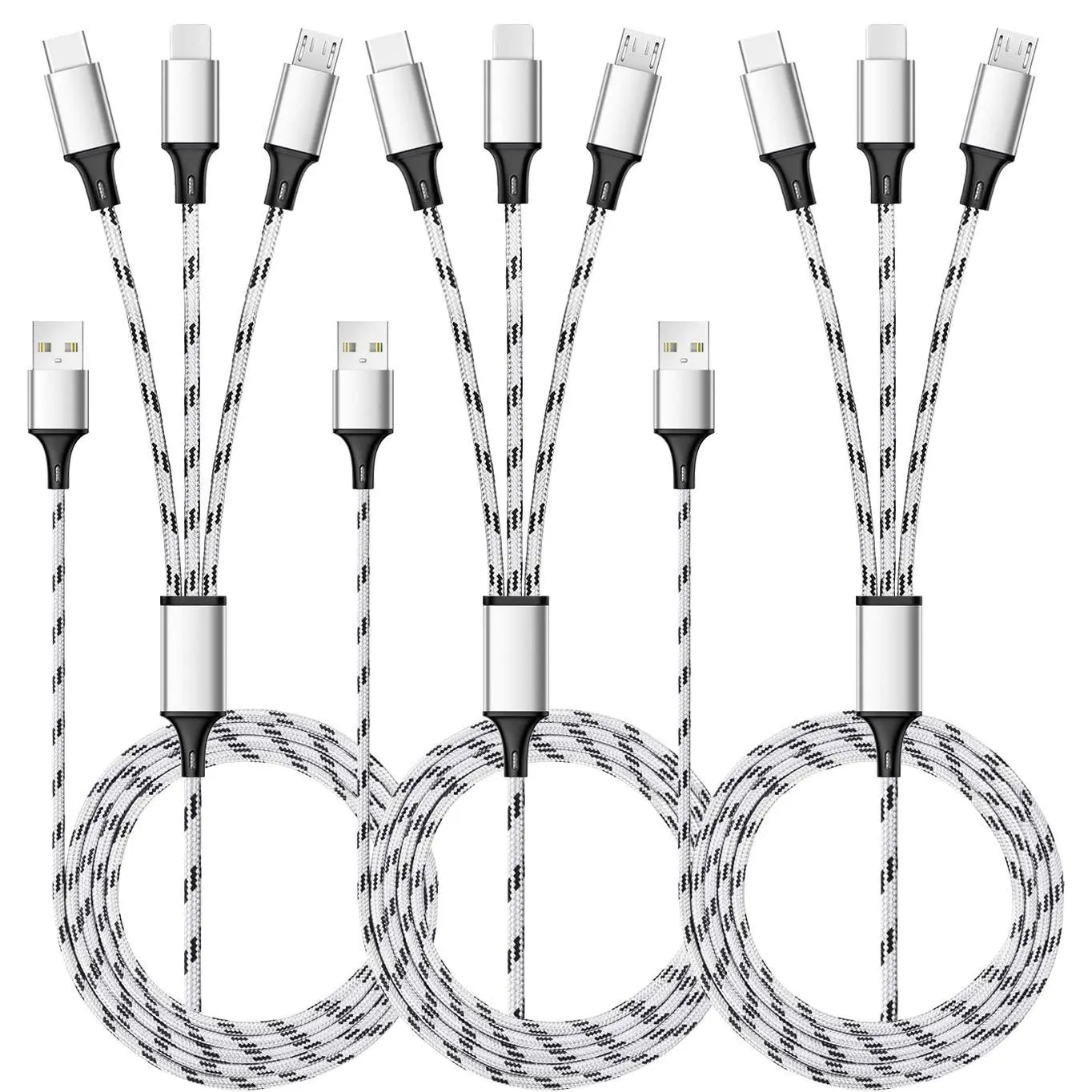 Multi Charging Cable, 5ft 3Pack Multi Charger Cable Nylon Braided Multiple USB Universal 3 in 1 Charging Cord Adapter with Type-C, Micro USB Port Connectors for Cell Phones and More