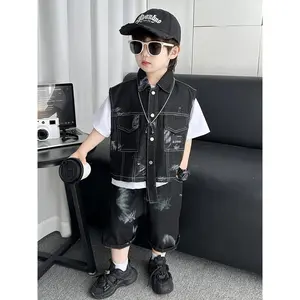 2025 New Spring And Autumn Outfit for Boys, Featuring a Denim Vest, Short-Sleeve Jacket, And a Three-Piece Set Perfect for Outdoor Wear. style  boho fashion  short sleeve loose casual toddler kids formal stretch clothing boysummer custom two-piece