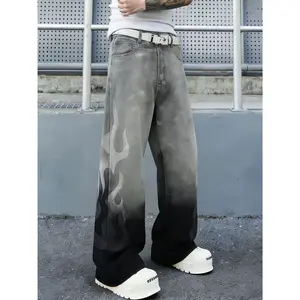 Men's Flame Print Gradient Baggy Wide Leg Jeans | Y2K Streetwear Ombre Denim Pants, Vintage Washed Grey Black, Oversized Fit for Street Style & Daily Wear