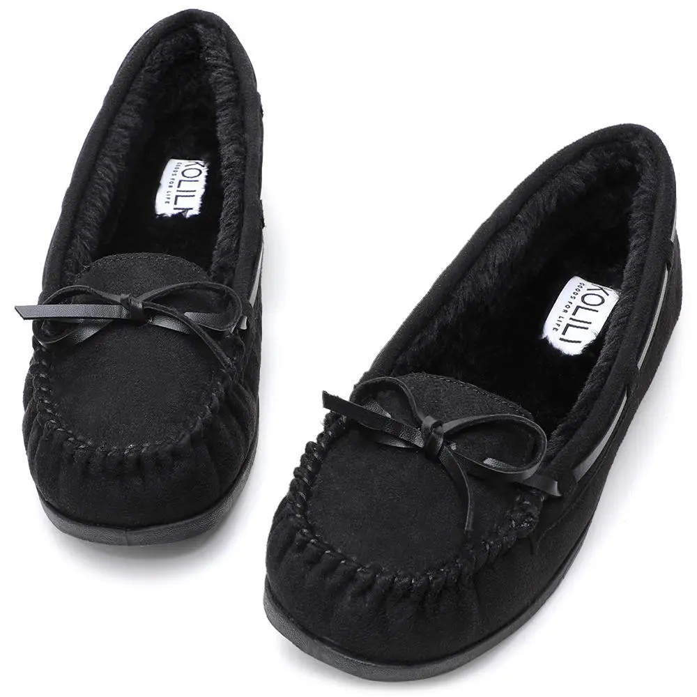 KOLILI Women's Faux Suede Moccasin Slippers, Warm Plush Lined Slip-On Footwear with Bow Detail for Indoor & Outdoor Use, Casual Shoes