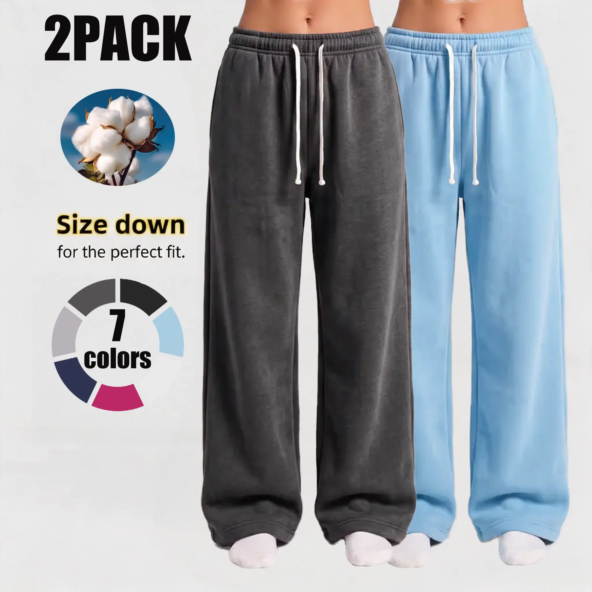 Women’s two-pack high-quality cotton straight-leg sweatpants — loose wide-leg design, elastic drawstring waistband, smooth drape, floor-length, slim fit that suits workouts and everyday casual wear.