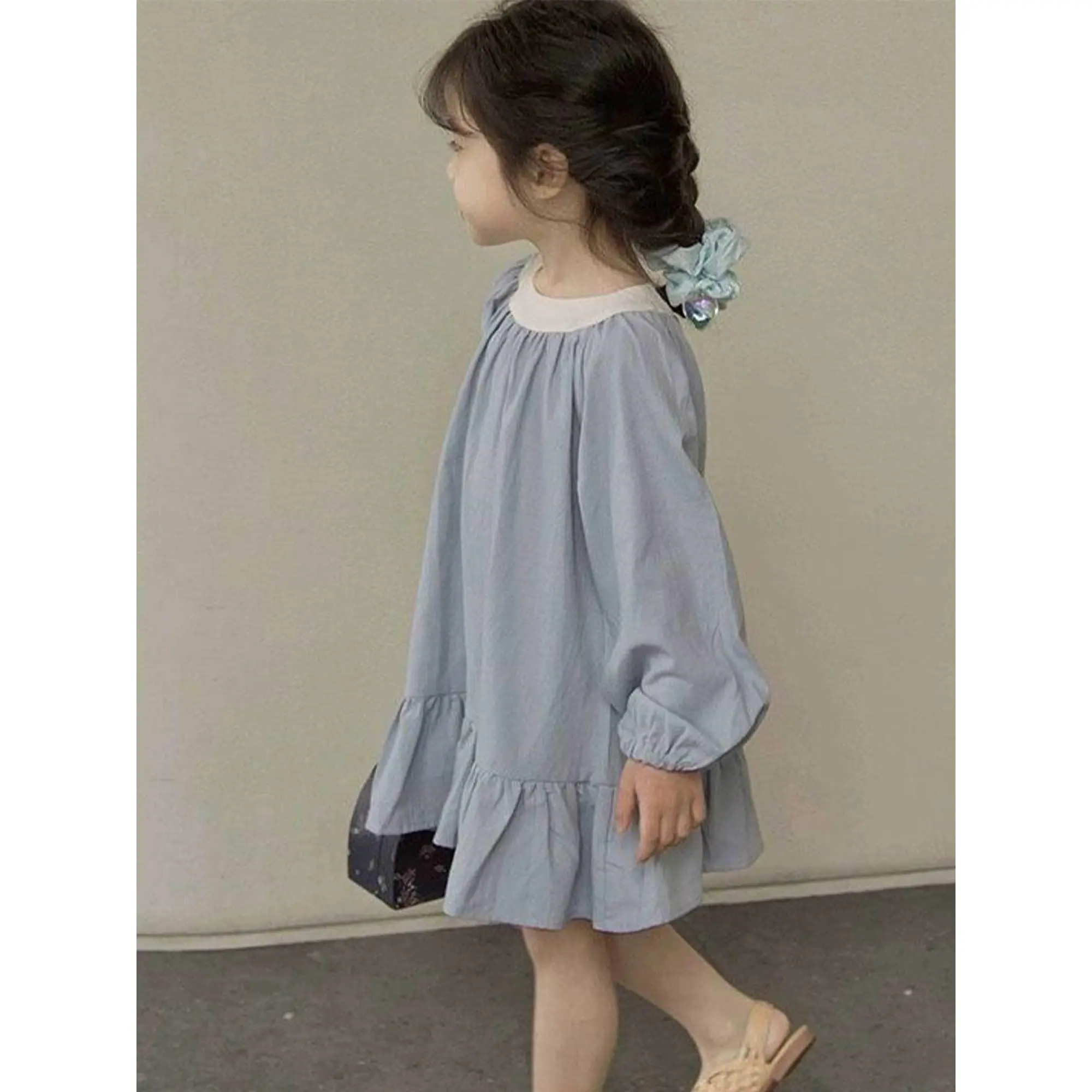 Girls' 2025 New Style Cotton Long Sleeve A-Line Dress - Ruffled Sleeves & Hem, Round Neck, Loose Fit Mid-Length, Soft Breathable, Easy-Care, Dresses Ruffle Detail Casual for Everyday & Special Occasions (1-2y,3-4y,4-5y,5-6y, No Elasticity, Structured Fit)