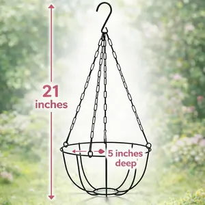 1-Hanging Basket Planter with Chain & Hook Black Metal Wire, Round Bowl 20.47” Flower Pot Holder Indoor & Outdoor Hanging Planter for Balcony, Porch, Patio, Garden
