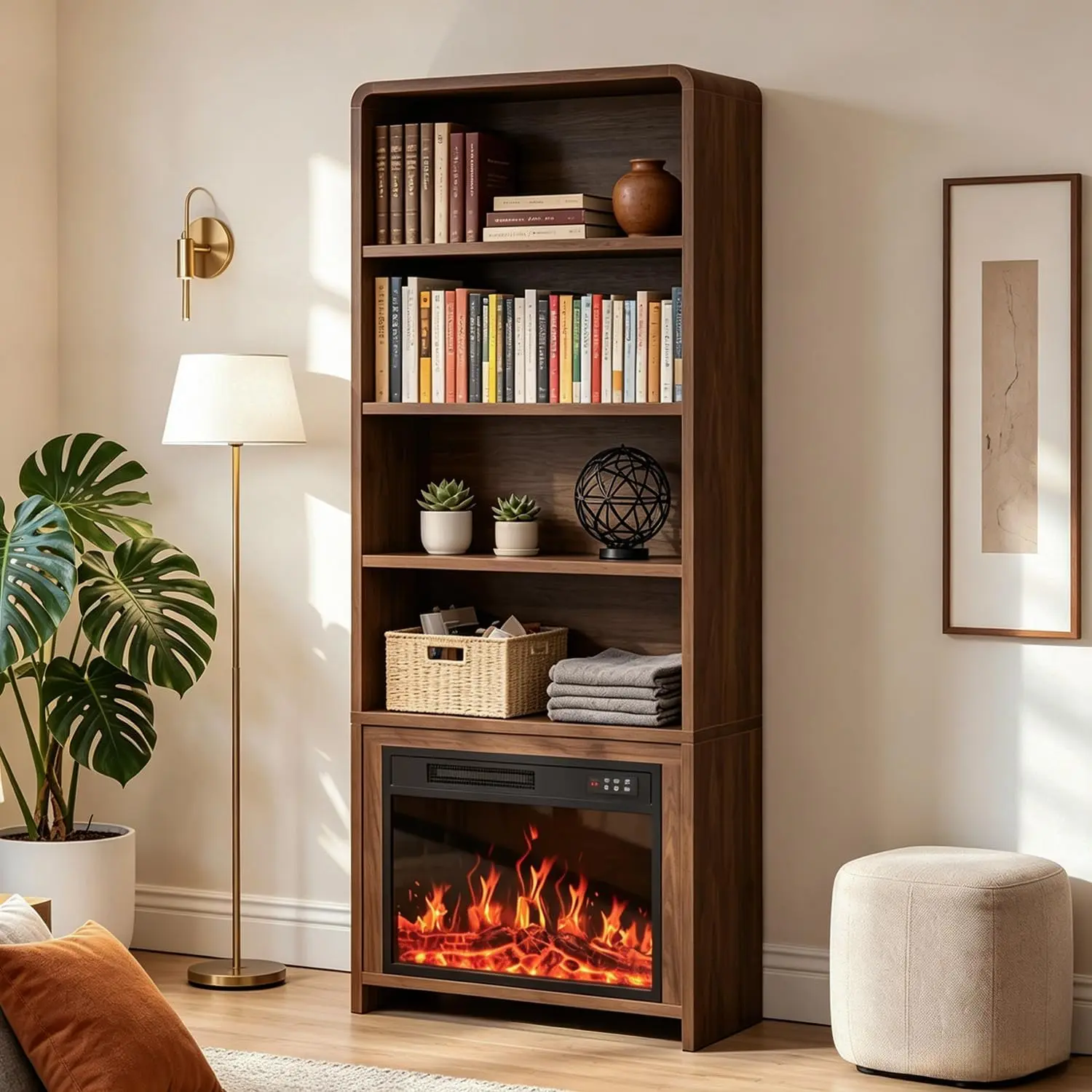 PUKAMI 70-in Contemporary Arched Bookshelf with 23-inch Electric Fireplace Inserts, 3D Realistic Flame, Timer, 40 lbs Capacity per Shelf, Single Unit Storage Accent Piece for Home, Office (Includes Hardware), 23-Inch Inserts, Flame Colors