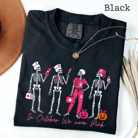 Comfort Colors In October We Wear Pink Shirt, Halloween Skeleton Nurse Graphic Tee, Breast Cancer Awareness T-Shirt, Pink Ribbon Medical Gift