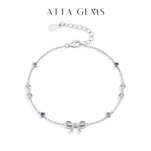 ATTAGEMS Bow Design Round Cut Lab-Created Moissanite Bracelet Pink & Purplish Red Zircon for Women Girls Daily Wear Anniversary Birthday Fine Jewelry Valentine's Day gift B071