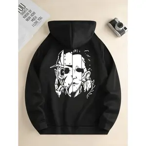 Hoodie with Split Horror Masks Graphic – Jason & Michael Myers Design, Kangaroo Pocket, Drawstring Hood. Ideal for Halloween, Casual Wear. Machine Washable, Durable Fabric Pullover