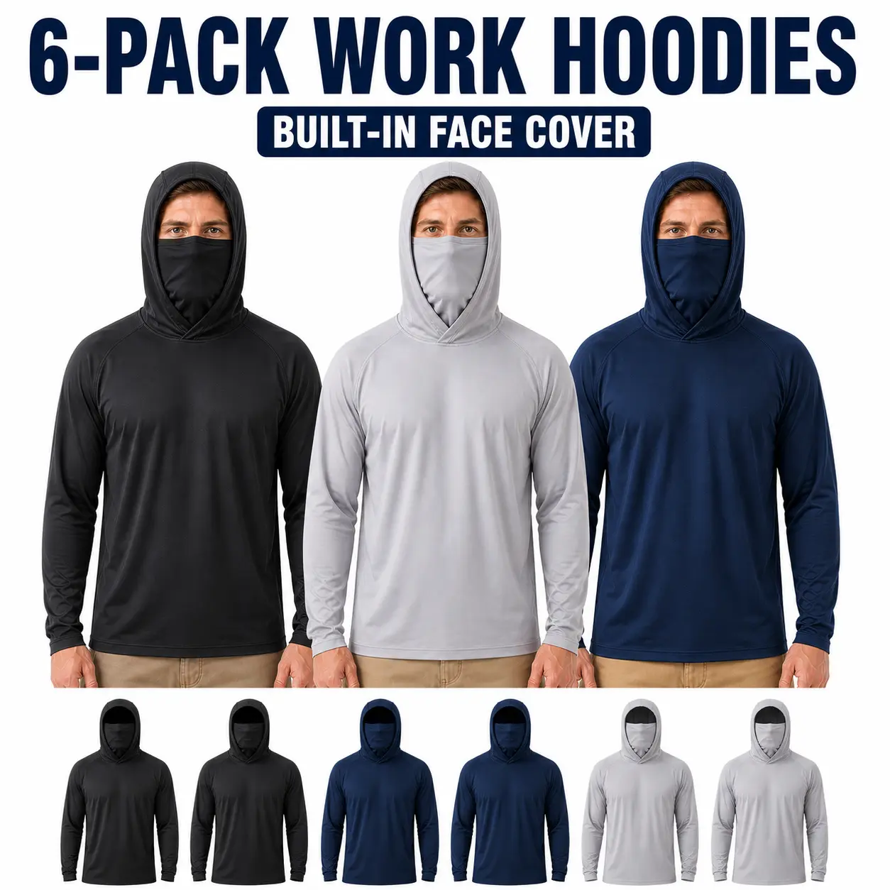 Men's 3-Pack & 6-Pack Quick-Dry Hooded Work Shirts with Face Cover, UPF 50+ Outdoor Long Sleeve Shirts for Construction, Farm Work and Gardening