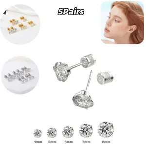 5 Pairs 4-8mm Push-in Flat Back Stud Earrings Hypoallergenic Surgical Stainless Steel Cubic Zirconia Earrings Studs Set, CZ Stud Earrings for Women Men Trendy Cartilage Stud Earrings Jewelry