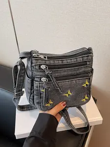 Retro streetwear practical crossbody bag with butterfly print, casual single-shoulder bag featuring multiple zippered pockets, suitable for commuting, shopping, Denim shoulder satchel