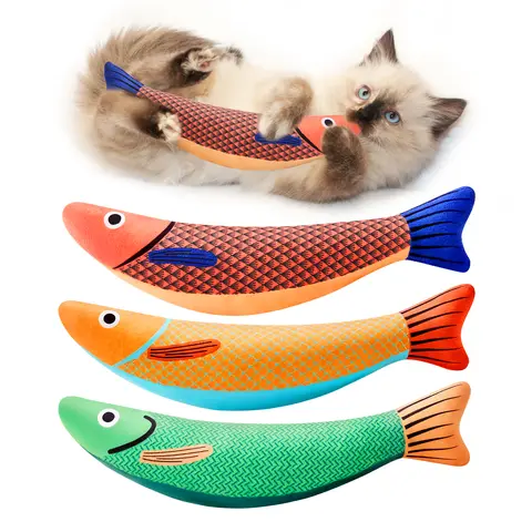 Potaroma 3-Pack Baby-Level Cotton Saury Fish Cat Toys - 9.4in Crinkle Sound Kick Target, Soft Durable Interactive Kicker for Chew/Pat Training, Hunting Instinct Stimulation & Boredom Relief (All Cat Breeds)