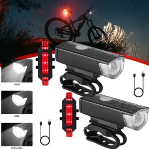2set Bright Rechargeable Bike Light Set Bicycle Front Headlight &Back Rear Taillight Cycling Night Essential Waterproof Warning Light MTB Accessories