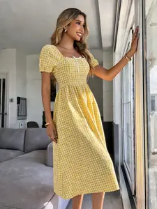 Vintage French Blue & White Gingham Square Neck Puff Sleeve Lace Tie-Front Waist-Cinched Cottagecore Vacation Midi Dress Chill Coastal Blue & White Gingham Square Neck Puff Sleeve Tie-Front Waist-Cinched Casual Beach Midi Dress