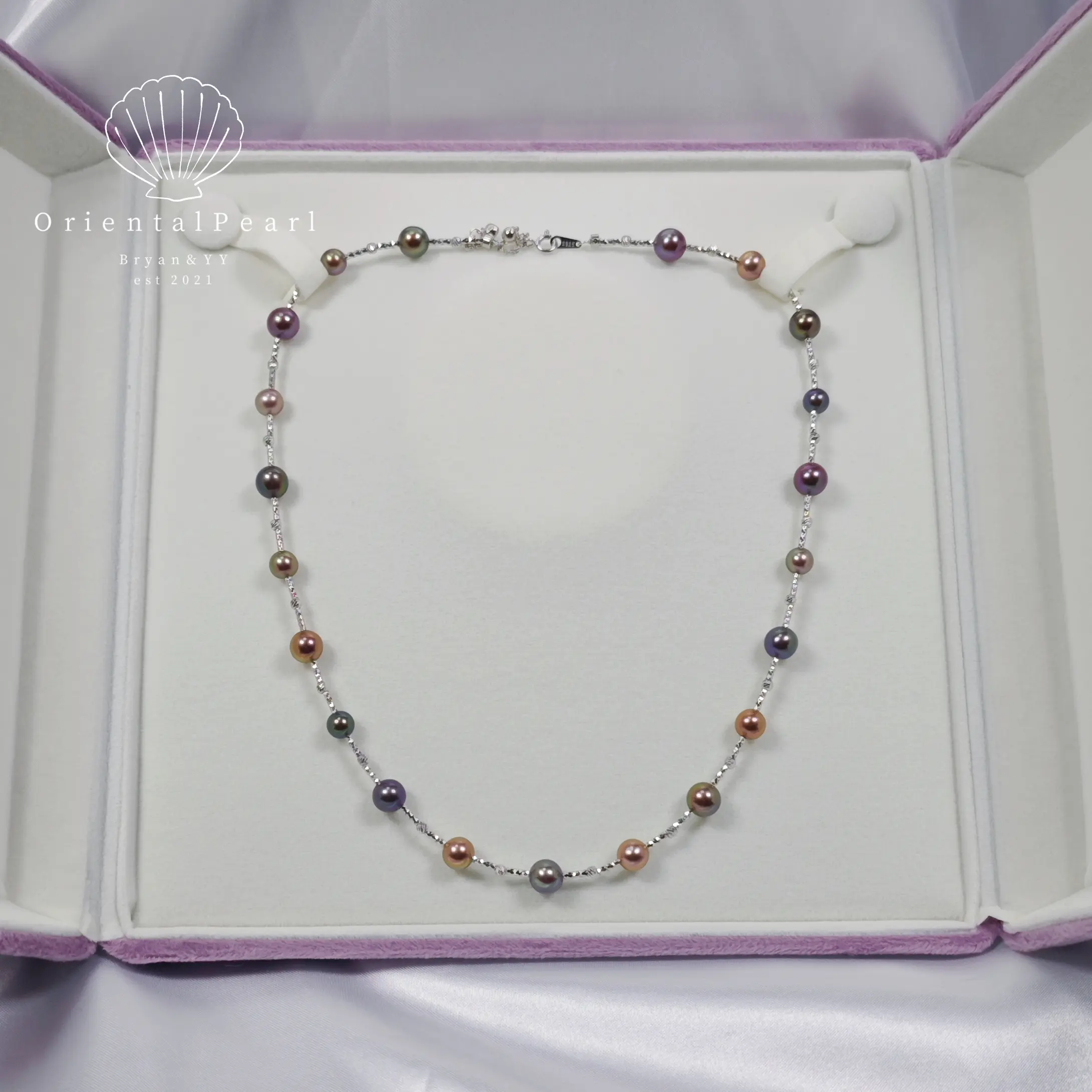 NC21-Metallic luster Multicolor Round Pearl Necklace Deep Purple Starry Design Pearls Necklace S925 Sterling Silver Material Purple Green Deep Blue Gold Luster Pearls Necklace
