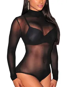Women See Through Mesh Sheer Body Suit Girl Tops,Black Silk Contrast Bodysuit,Long Sleeved High Neck Piece for Lady Thong Seamless Fishing Net Clubwear Leotard,Fajas Para Mujer,Midnights Lingerie Underwear Women's Sheer