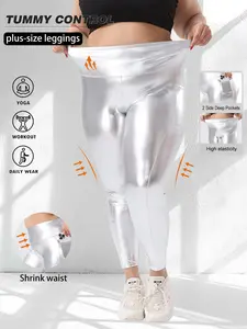 Plus Size Women's Metallic Shiny Tight Pants with Pockets, High Waist Elastic Control, Party Dance Club Metal Skinny Jeans, Stretchy High Waisted Leggings