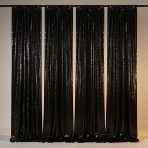 Black Sparkly Sequin Photography Backdrop 4 Panels 2x8ft, Light-Catching Drapes for Nightclub Party, Cosplay Event, Halloween, Romantic Dinner Decor
