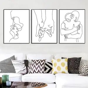 3pcs Frameless Black White Couple Line Wall Art Canvas Painting Line Drawing Hand Love Kiss Posters and Prints Nordic Picture Living Room Decor Unframed Wall Art Modern Abstract Design
