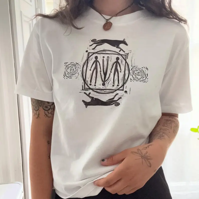 Primitive Cave Art Graphic Tee, Vintage Woodcut Mystic Hound Totem Print, Ancient Tribal Boho Occult Top, 100% Cotton Crewneck T‑Shirt