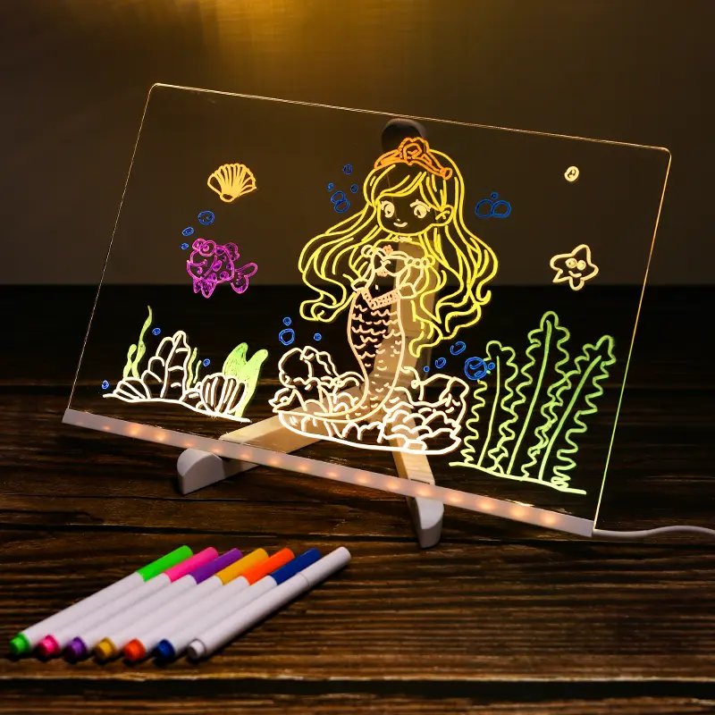 LED Acrylic Drawing Board - Rewritable Dry/Wet Erase Luminous Memo Board with 7 Pens Included, Ideal for Office, Home Display (Stress Relief Classic Novelty Toy), Led Drawing Board