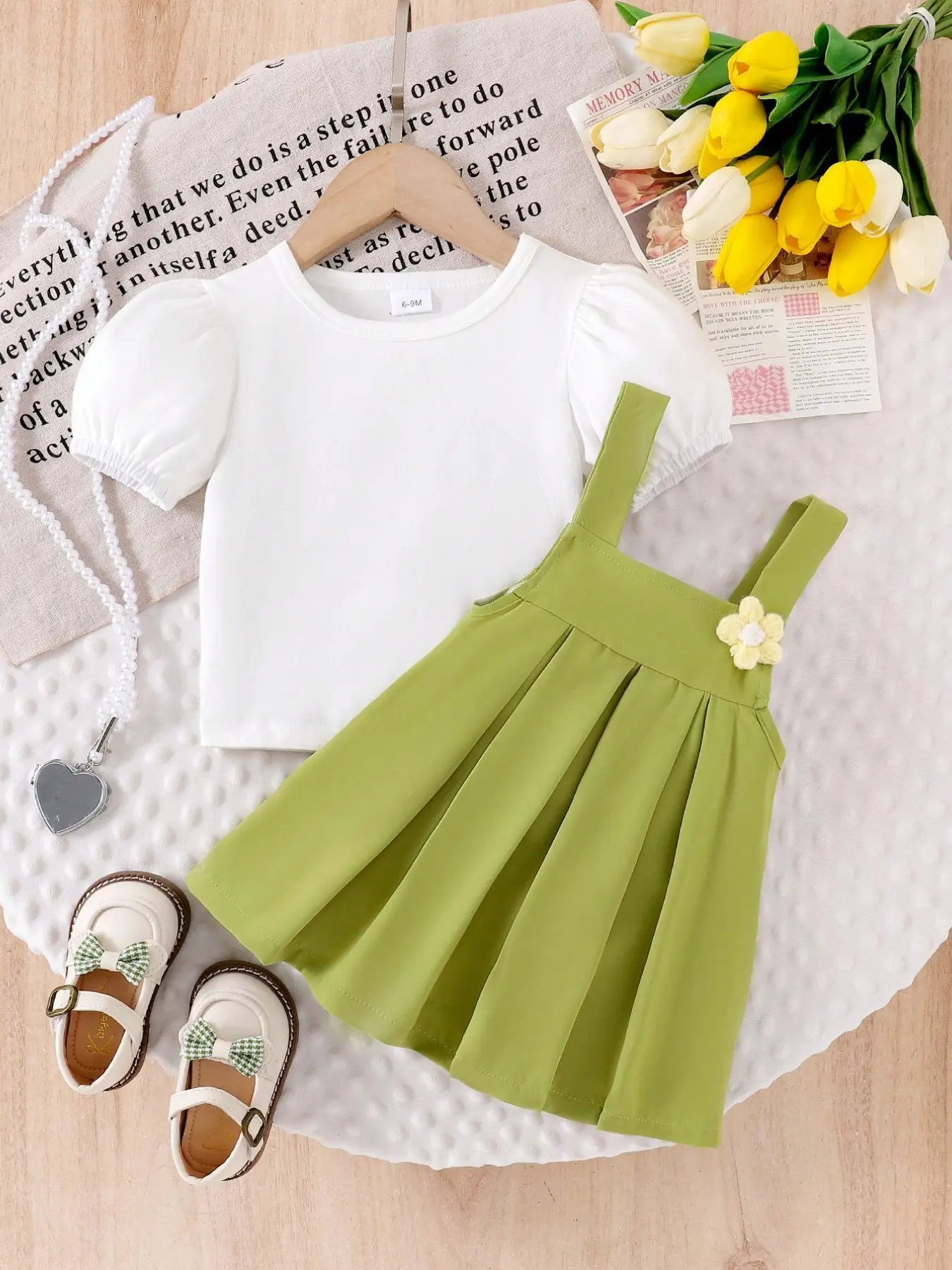 Baby Girl Summer Set, 2-Piece Casual T-Shirt and Strap Dress, Floral Embellishment, Loose Fit, Fresh Look, Toddler Outfit, Baby Girl Clothes, Baby Clothing