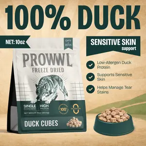 Prowwl Freeze-Dried Duck Cubes - 100% Natural Meat, High Protein, Grain-Free, Gluten-Free, Supports Sensitive Skin & Tear Stains