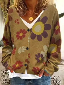【Plus Size】 Floral Print Button Front Drop Shoulder Cardigan, Casual Long Sleeve V Neck Cardigan Sweater for Fall & Winter, Women's Plus Clothing for Daily Wear