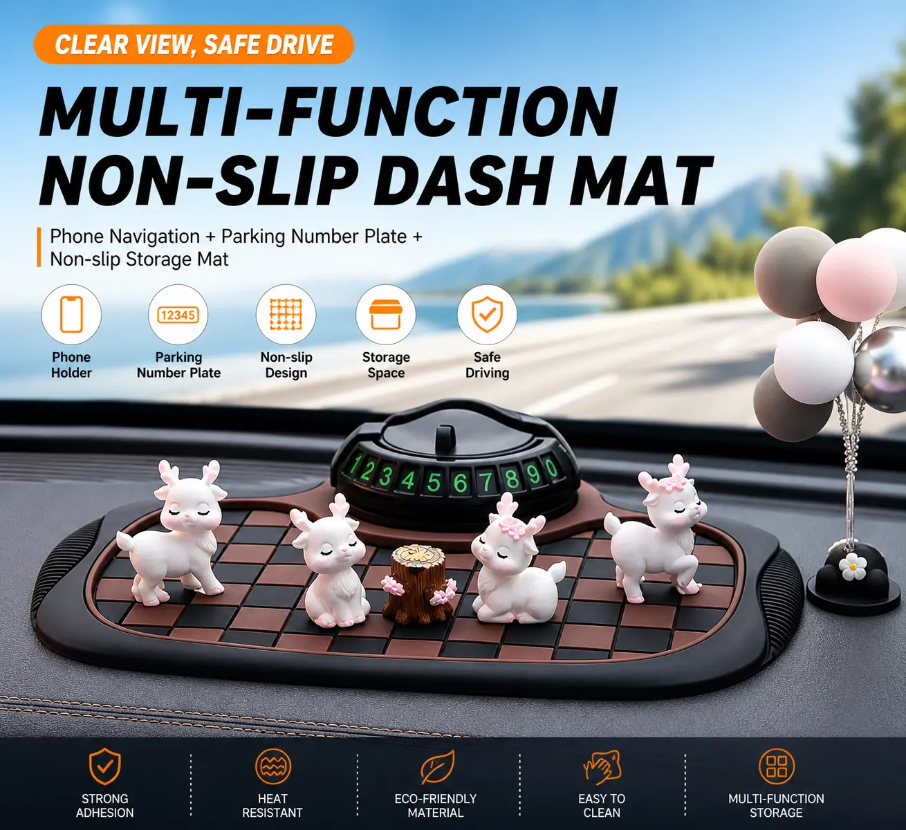 Car Anti-Slip Dashboard Pad with Adjustable Phone Holder - Strong Grip Multi-Function Organizer, Heat Resistant Washable Material, Fits All Smartphones, Prevents Sliding, Ideal for Navigation & Car Interior Decor, Car Phone Mounts & Holders Auto Accessori
