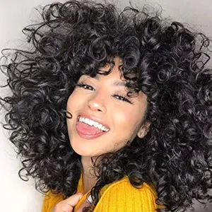 14 Inch Natural Black Afro Curly Wig with Bangs | Heat-Resistant Synthetic Wig for Retro & Party Looks