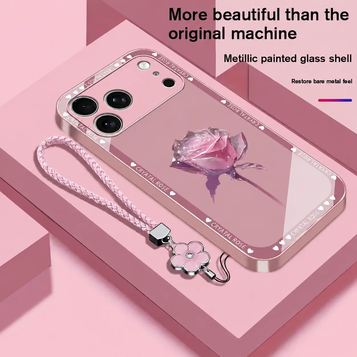 Premium Phone Case for iPhone 17/16/15/14/13/12/11 Pro Max Plus & Samsung S25/S24/S23/S22/S21/S20/A Series Metallic Painted Glass Shell Drop-Proof Fingerprint-Resistant Elegant Design with Free Four-Leaf Clover Lanyard , Accessories Cellphone Smartphone,