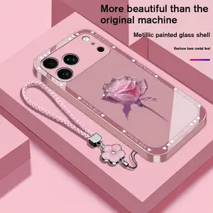 Premium Phone Case for iPhone 17/16/15/14/13/12/11 Pro Max Plus & Samsung S25/S24/S23/S22/S21/S20/A Series Metallic Painted Glass Shell Drop-Proof Fingerprint-Resistant Elegant Design with Free Four-Leaf Clover Lanyard , Accessories Cellphone Smartphone,