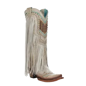 Corral Ladies Bone Multicolor Crystal and Fringe Snip Toe Boots C3424