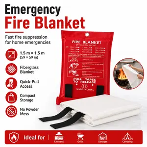 Fire Blanket- Emergency Fire Extinguishing Blanket,59" x 59" CE Certified Fiberglass Prepared Emergency Fire Blanket for Home and Kitchen Fireproof Blanket for Camping, Grill, Car, Office, Warehouse, School, Picnic, Fireplace Safe & Easy