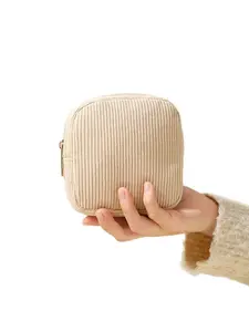 Beige Corduroy Small Cosmetic Pouch, Minimalist Zippered Storage Bag, Cute Square Organizer for Sanitary Napkins, Jewelry & Headphones, Ideal for Daily Use & Travel