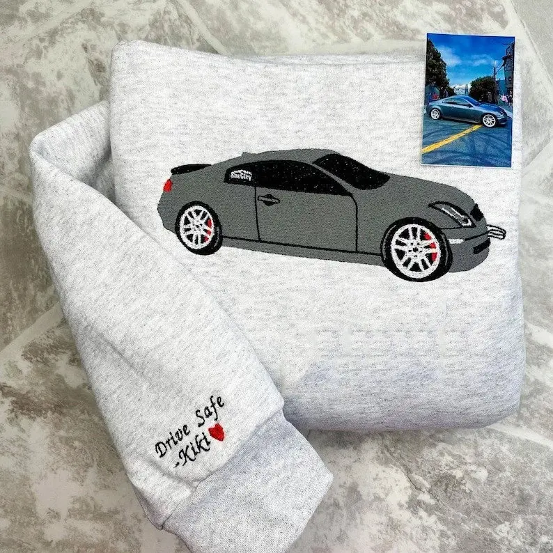 Custom Embroidered Car Portrait Sweatshirt, Car Hoodie, Valentine Gift, Best Gift for Boyfriend, Race Cars, Classic Cars, Embroidered Sketch Hoodies, Custom Cars Drawing from Photo Hoody, Memorial Family Photo Hoodies Sketch Matching Sweatshirts