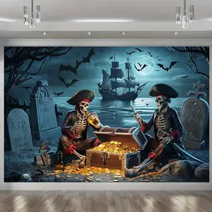 1pc 2D Flat Skeleton Pirates Treasure Hunt Party Banner - Spooky Pirate-Themed Polyester Backdrop with Moonlit Graveyard Scene, Perfect for Home Decor, Room Wall Decoration, and Halloween or Themed White