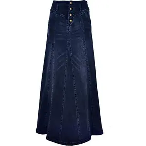 Women’s Retro Expose-Button-Fly Packaged Hip A-Line Maxi Long Denim Skirt