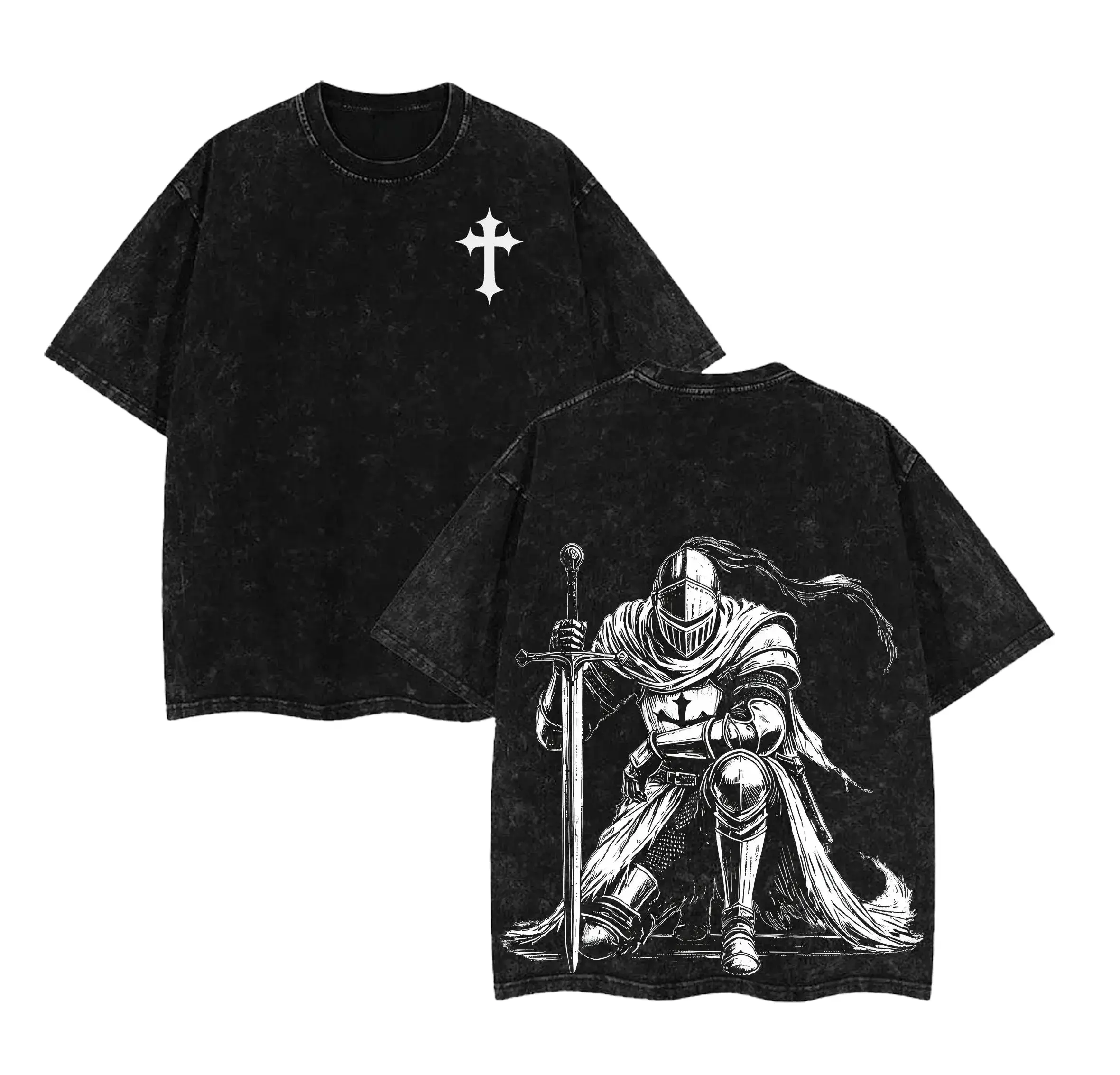 Men's Oversized T-Shirt, Vintage Crusader Knight Graphic, Relaxed Fit Heavyweight Cotton Short-Sleeve Medieval Top, Tshirt, Shortsleeve, Menswear, Vintage Retro, Premium Cotton, Reinforced Tape, Pre-Washed, Crew Neck, Lightweight, 2Xl, Round Neck, Rib, Ca