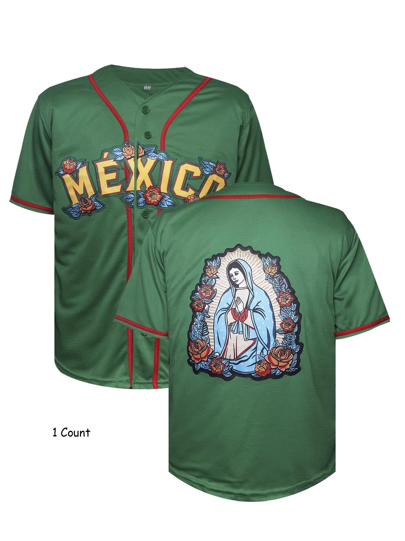 Men's Mexican Guadalupe Embroidered V-Neck Button Baseball Cardigan, Breathable Loose-Fitting Sports Sweater for Casual, Outdoor, and Training