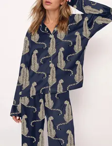 Cheetah Satin Pajama Set For Women Long Loungewear Breathable Comfy Sleepwear