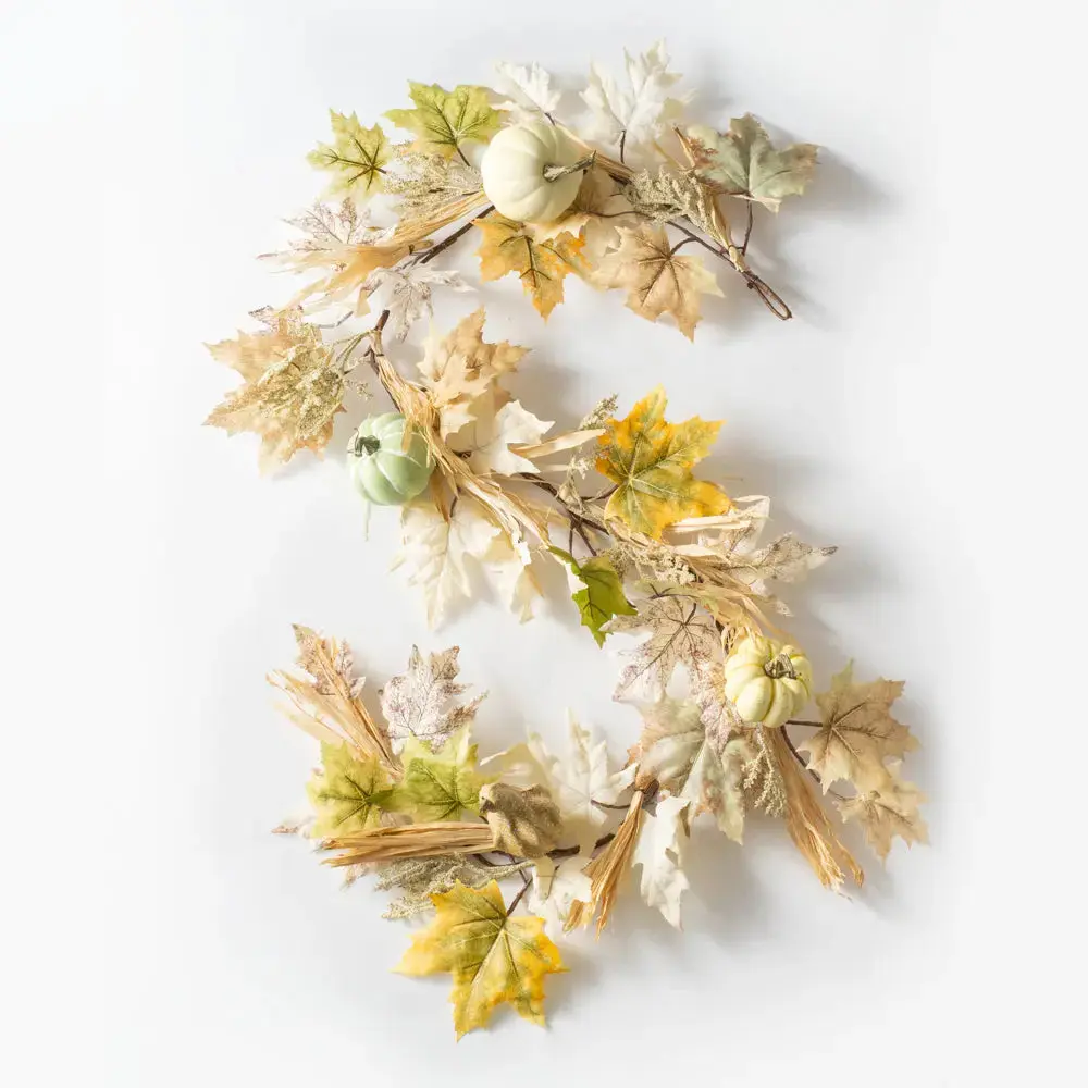 Lifelike Neutral Autumn Leaf-Pumpkin-Gourd Corn Husk Garland, Fall Harvest Pumpkin Decorations for Indoor Use Mantle Table Runner