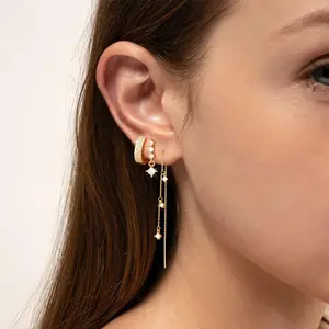 14K Gold Plated Fashionable Four-Pointed Star Pendant Earrings For Women Girls With Zircon Stones Dangle Hoop & Stud Stacking Earrings Three-Piece Set