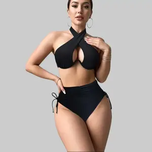 Women's Black Fashion Sexy Cross-Neck Bodycon Cut-Out Backless 2-Piece Bikini Set for Sports & Outdoor Activities