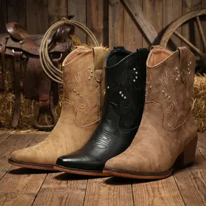 IUV Cowgirl Boots for Women Ankle Cowgirl Ankle Boots with  Almond Pointed Toe Classic Western Wide Boots Women Chunky Heel  Country Boots  for Comfortable Walking Shoes Classic Booties