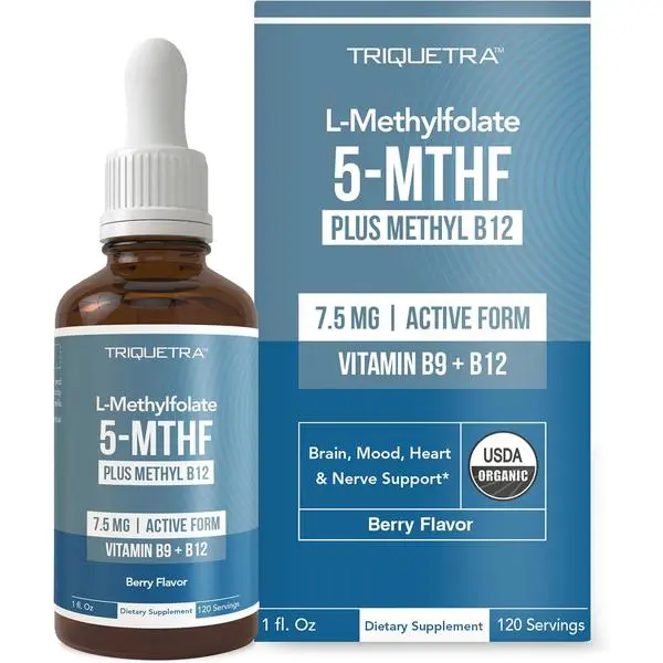Organic L Methylfolate 7.5 mg Plus Methyl B12 Cofactor - Metabolically Active 5-MTHF Form, Superior Form of Folate - Organic Berry Flavor, Liquid Sublingual Form – Mood, Cognition, Methylation (1oz)