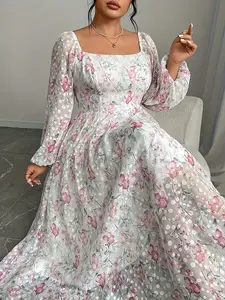 Women's Plus Size Fashion Casual Floral Print Elegant Dress, Loose-Fitting Midi Dress with Long Sleeves, Woven Fabric for All Seasons