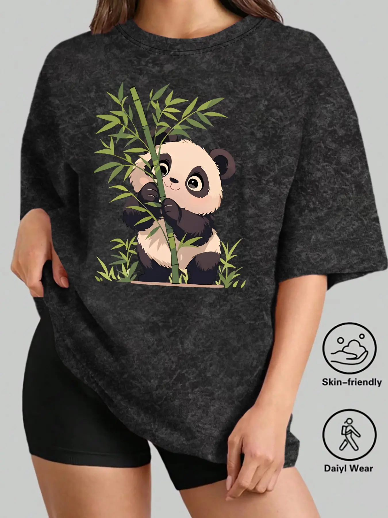 Cute Panda & Bamboo Women's Casual Short Sleeve Crew Neck Cotton T-Shirt – Bestselling Wildlife Graphic Print, Mineral Wash Black, Machine Washable Spring & Summer Top, Soft Skin-Friendly Fabric, Daily Versatile, Fashion Design